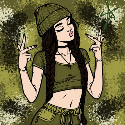 realistic teenage girl with braids and a beanie and crop top doing 🫶🏼