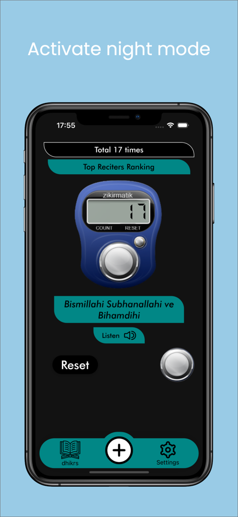 Zikirmatik: Sesli Zikirler - Zikirmatik app interface in night mode featuring a digital dhikr counter and prayer recitation