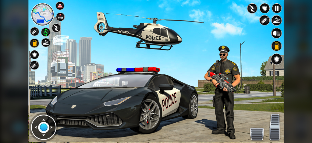 US Police Moto Bike Car Chase - US police officer with rifle standing by a police sports car and a flying helicopter in a city