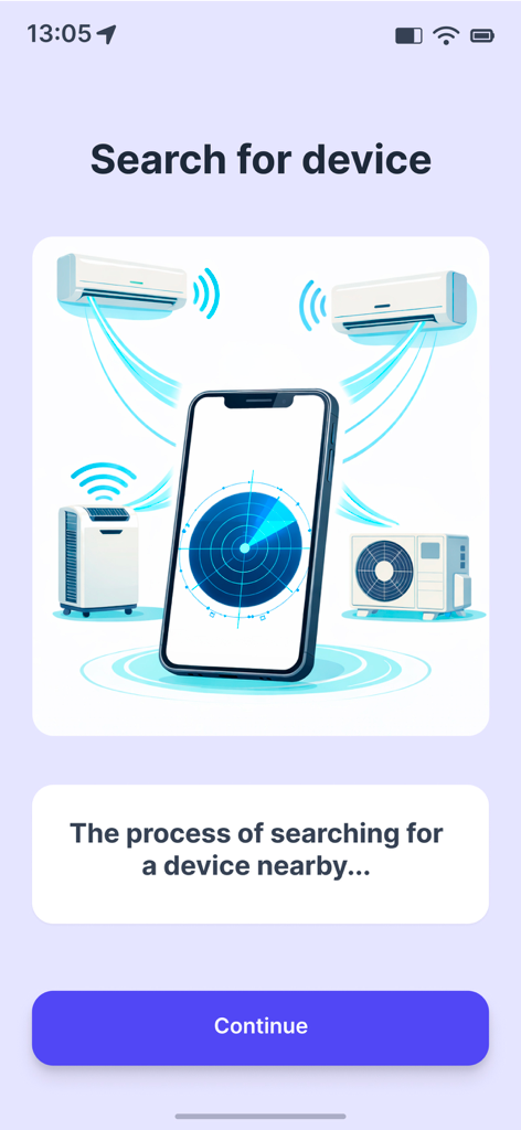 AC Remote: Air Conditioner Pro - Pantalla de la aplicación AC Remote buscando unidades de aire acondicionado cercanas.