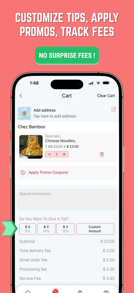 Dash Me: BVI's Food Delivery - Interfaz del carrito de la aplicación Dash Me que muestra el resumen del pedido de comida, propinas personalizables y desglose transparente de tarifas.