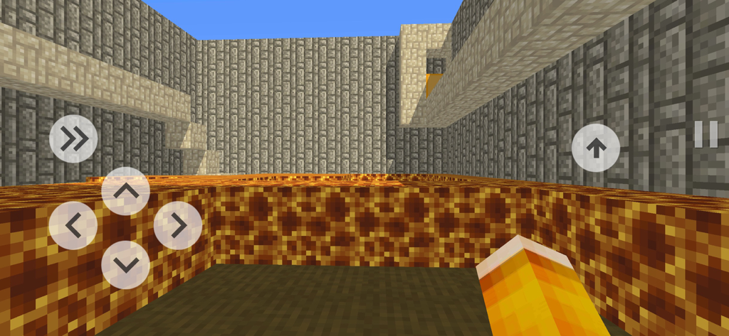 Blocky Parkour 3D - First-person view of a blocky parkour level with lava hazards and stone walls