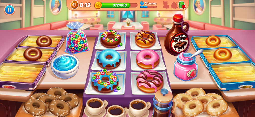 Cooking Chaos Cooking Games - Un vibrante mostrador de cocina en Cooking Chaos con surtido de donuts y café.