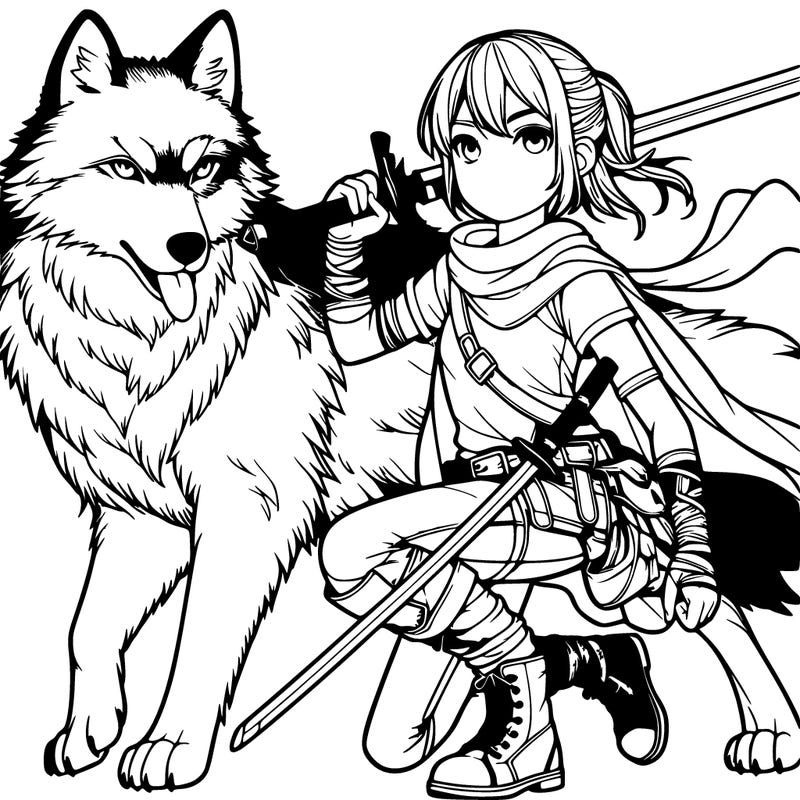 a girl with a sword and a wolf realistic