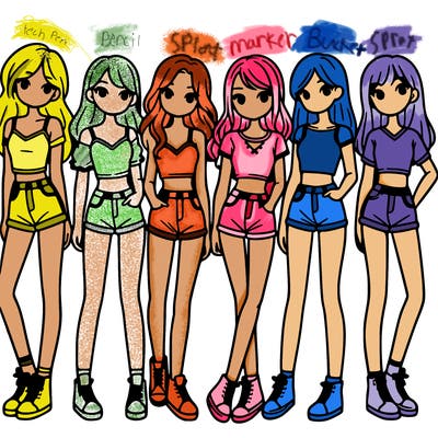 a group of girls wearing crop tops and shorts