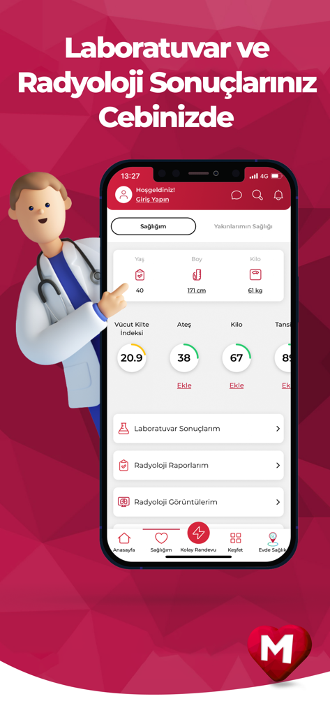Memorial healthcare app displaying patient health metrics and medical test records