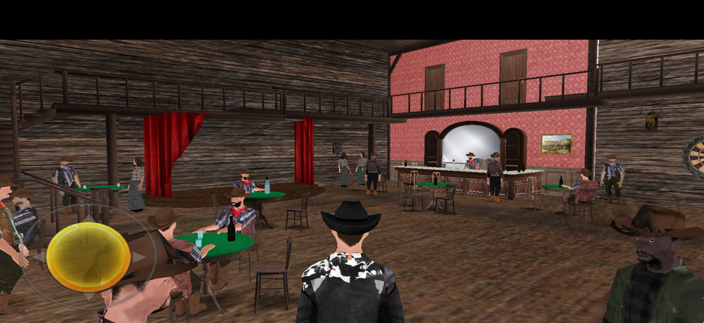 Bull Riding Challenge 4 - Third-person view of a cowboy character in a busy Western saloon with characters at tables