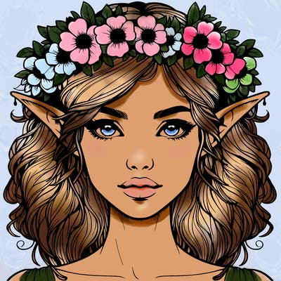 realistic female elf with flower crown