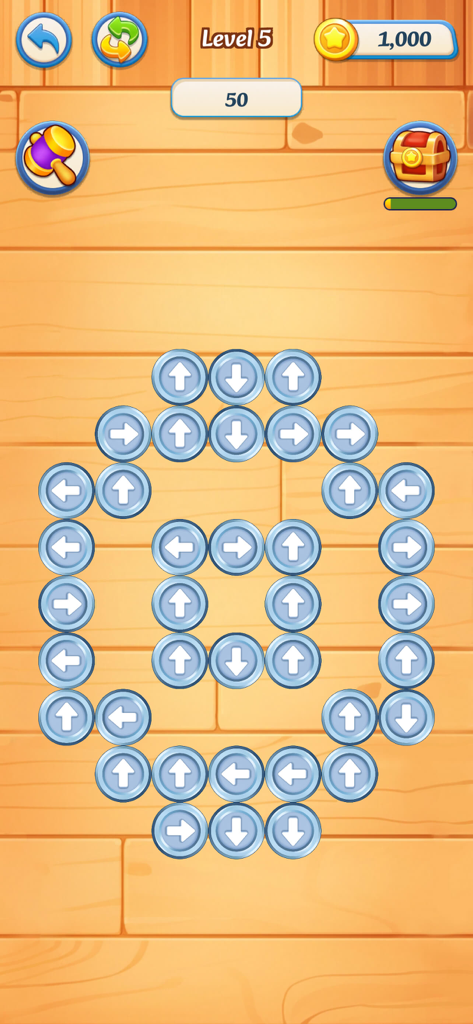 Block Mania:Tap away - Gameplay screenshot of Block Mania Tap Away showing blue circular blocks with directional arrows on a wooden background.