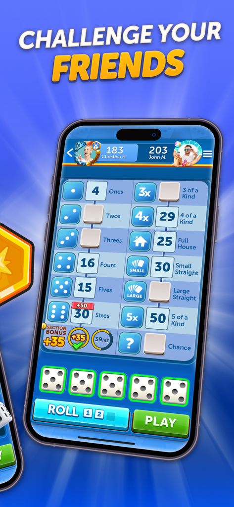 Dice With Buddies mobile app showing a dice game scorecard with two players and a roll of five dice