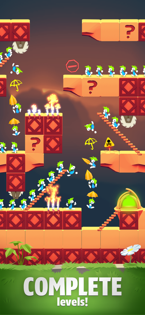 Lemmings: Strategy & Puzzle - Lemmings characters using umbrellas and stairs to navigate a level with fire traps and saws