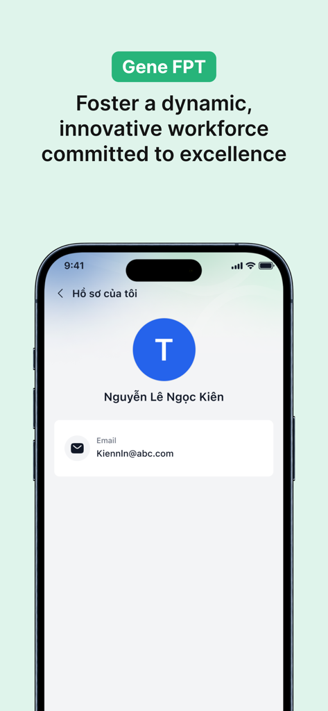 Una schermata mobile che mostra la sezione del profilo utente dell'app myFPT Next con il nome e l'indirizzo email di un dipendente