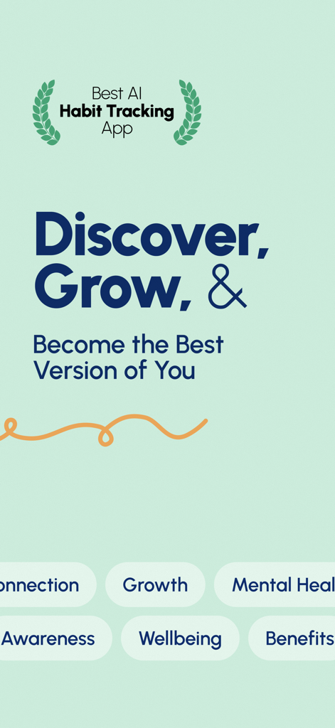 Habit Tracker - AI Planner - A marketing screen for Habit Tracker AI Planner featuring text about personal growth and wellbeing tags like Mental Health and Awareness.