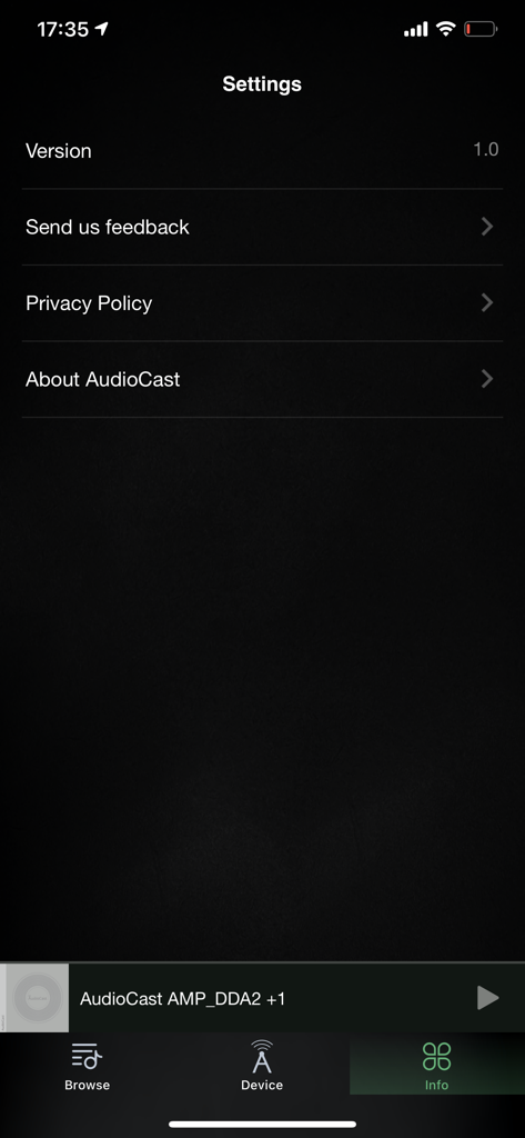 AudioCast - Settings screen of the AudioCast app showing version information and links to feedback and privacy policy