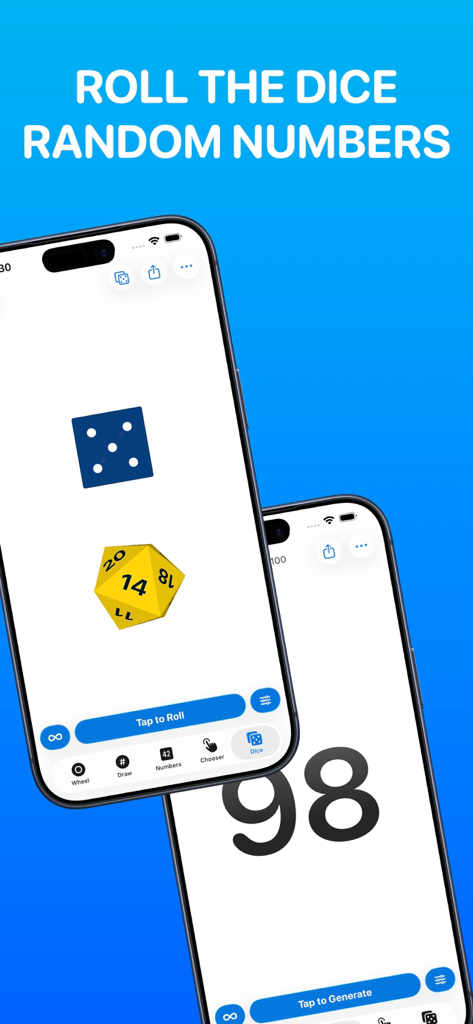 Wheel Spinner - Pick Me - Pick Me app interface for rolling digital dice and generating random numbers