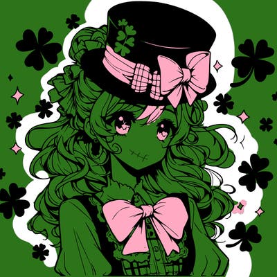 a manga-style girl with clovers around her, a little hat in her hair, like it's saint patrick's day