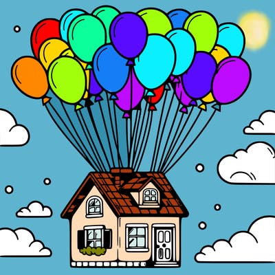 house floating from lots of balloons