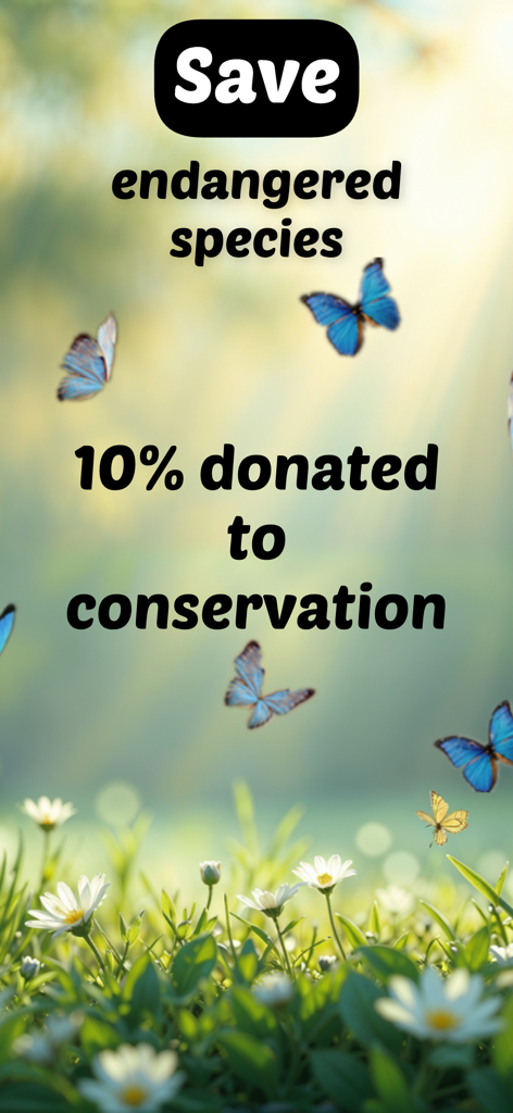 Promotion of saving endangered species with ten percent of profits donated to conservation on a background of butterflies in a field