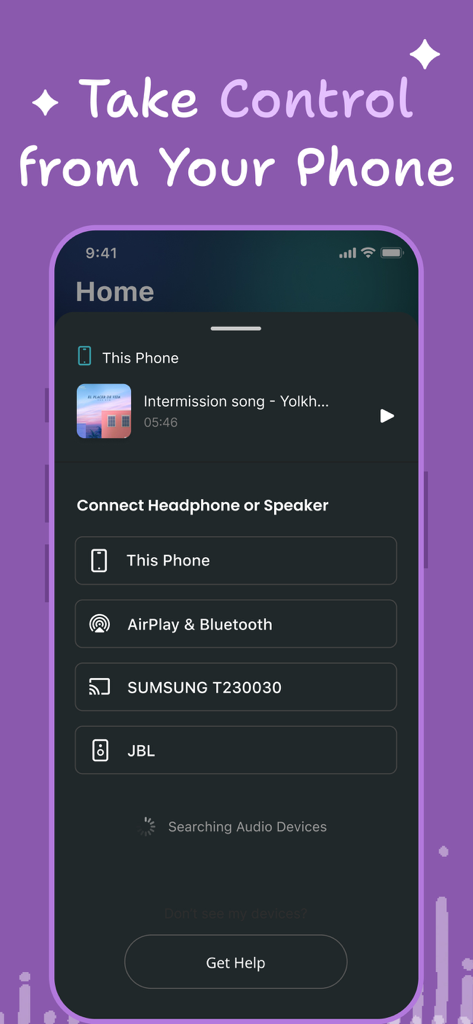 Interface do aplicativo móvel para conectar fones de ouvido e caixas de som Bluetooth com controles de música integrados
