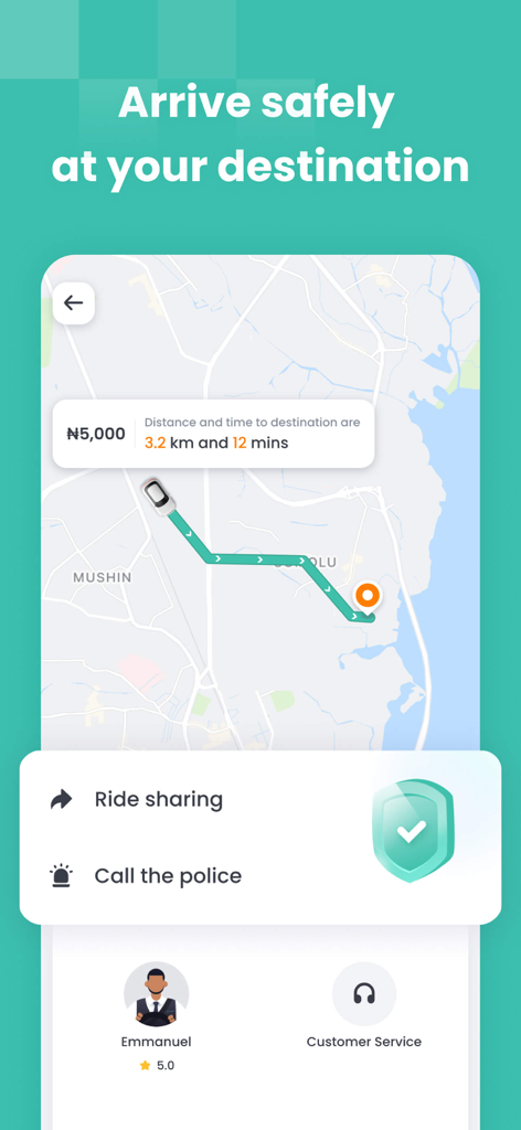 Lagride - Lagride app interface showing real-time trip tracking on a map with emergency safety options and driver profile