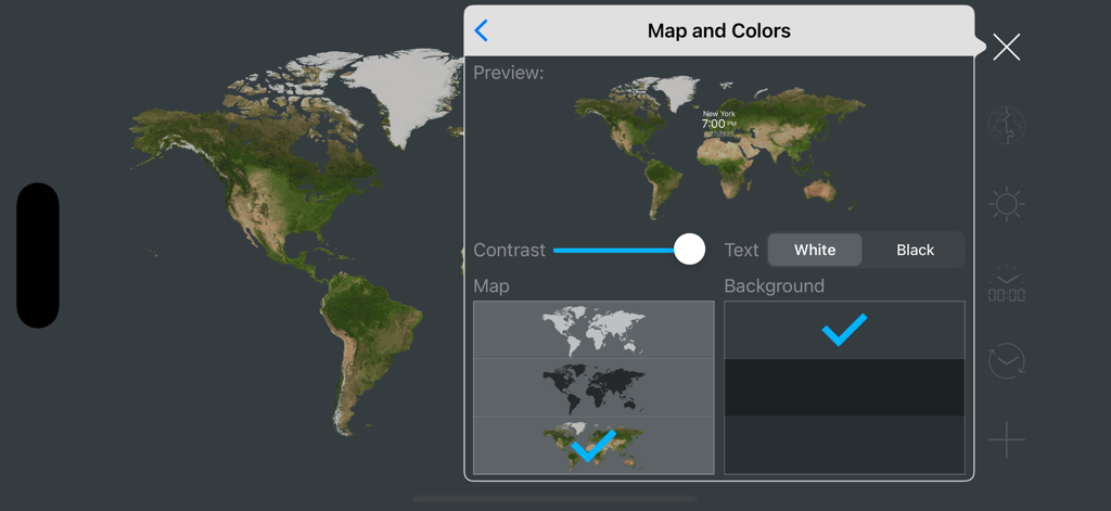 The Map and Colors settings menu in the map clock app showing customization options for contrast map style and background color