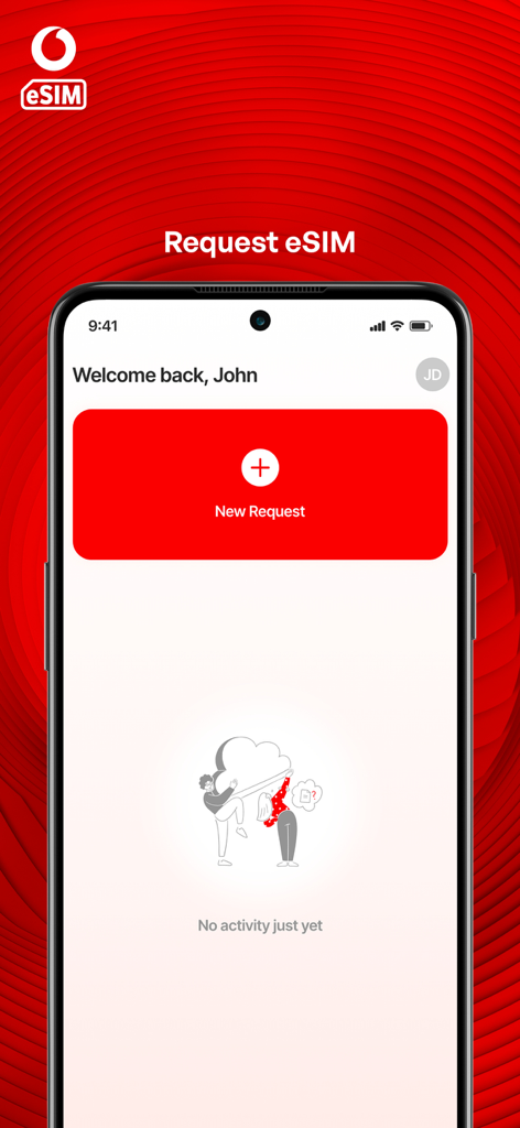 Vodacom eSIM app interface showing the request eSIM screen with a new request button