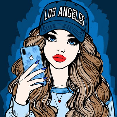 realistic beautiful girl wearing los ángeles cap holding an iphone