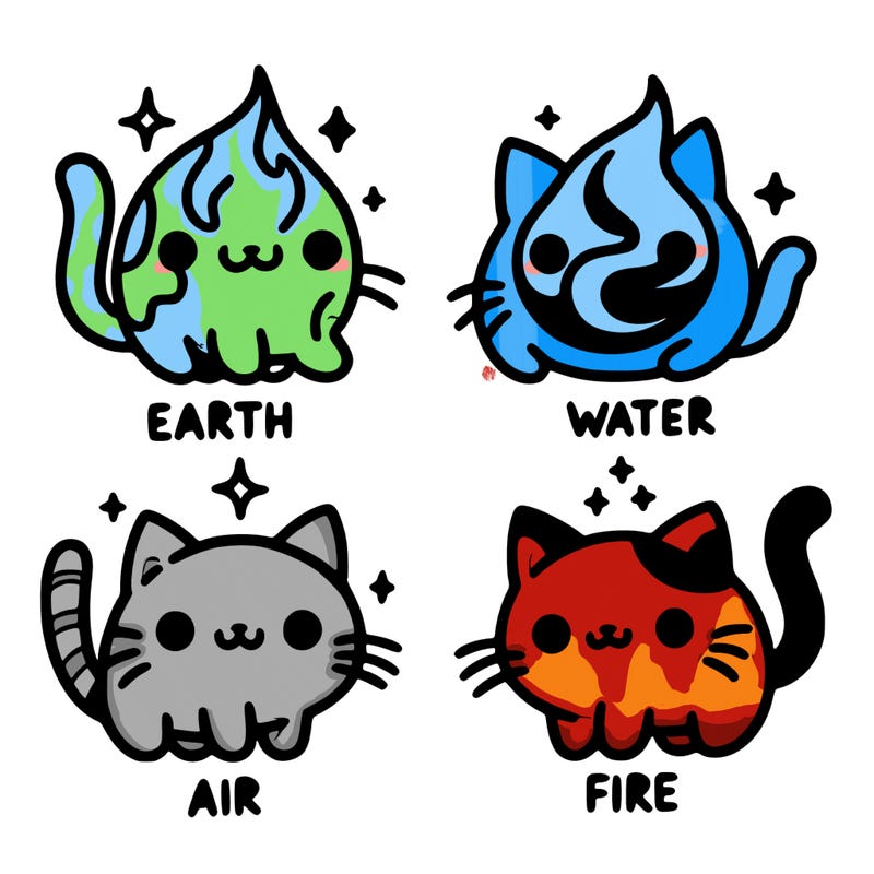 4 cats that represent the different elements, earth, water, air, and fire
