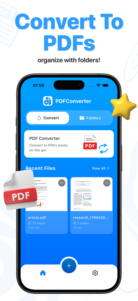 PDF Converter - PDFconvert - PDF Converter mobile app interface showing options to convert files and organize documents with folders