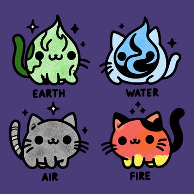 4 cats that represent the different elements, earth, water, air, and fire