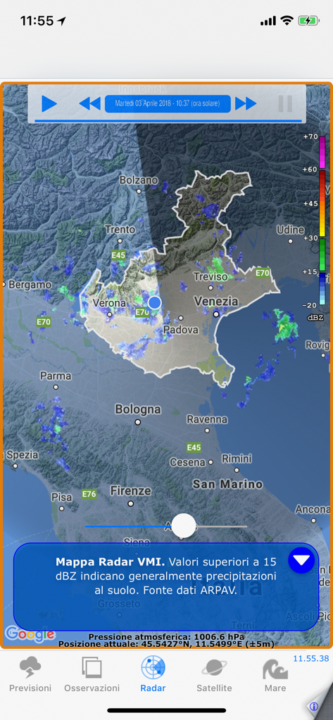 Meteo Veneto app displaying a VMI radar map of the Veneto region