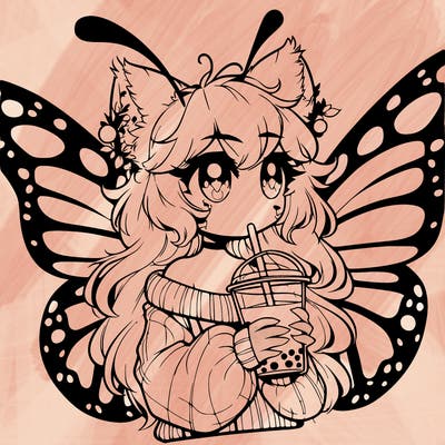 a realistic butterfly/furry girl drinking boba