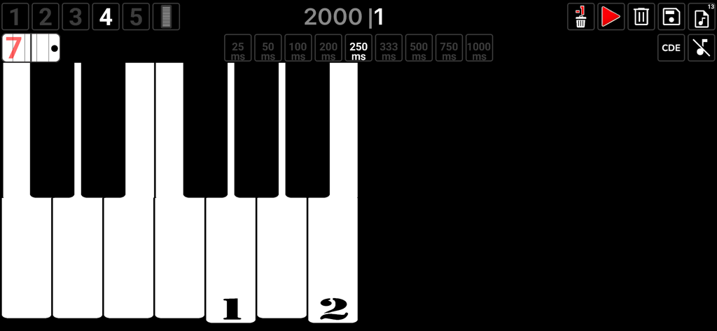 Piano Composer - Music Maker - Interface do aplicativo Compositor de Piano mostrando um teclado digital e configurações de gravação.