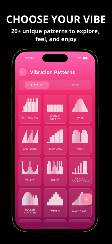 Interface of the Vibrator Massage Controller app showing a variety of selectable vibration patterns like Wave and Earthquake