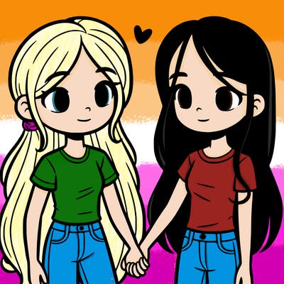 two teen girls holding hands, one with long hair and the other with shorter hair