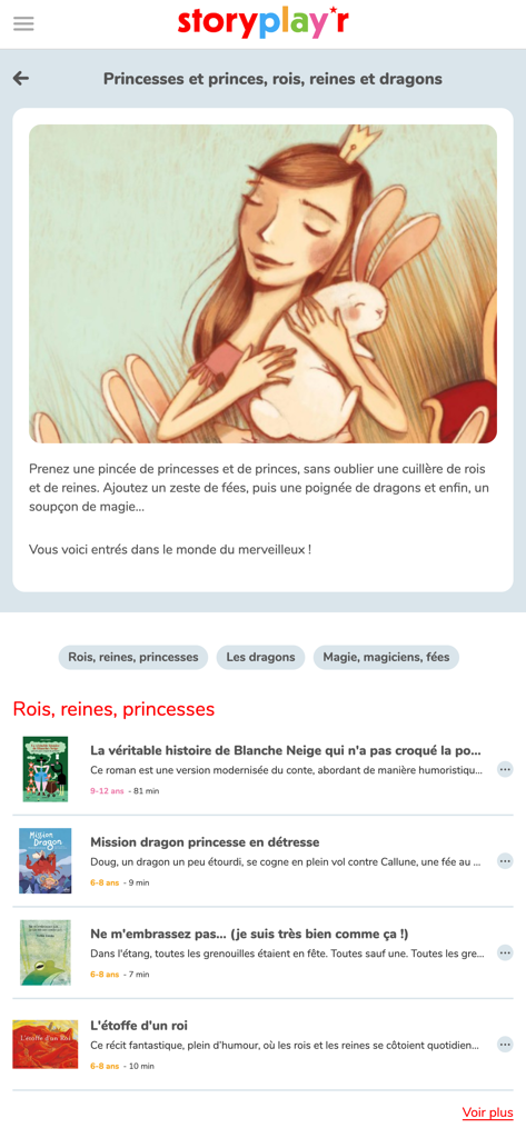 Interface of the Storyplayr app showing a digital library of children stories about princesses and dragons