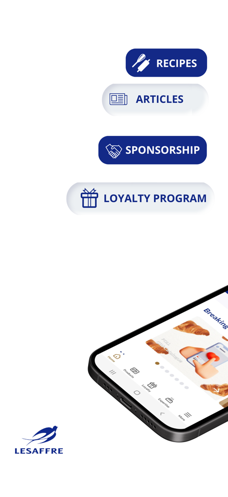 Lesaffre and Me app interface highlighting recipes articles and loyalty program features