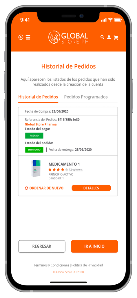 Tela de histórico de pedidos no aplicativo Global Store PH mostrando uma compra de medicamento concluída.