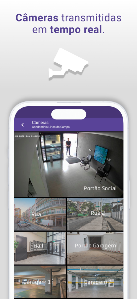 Condfy app interface showing real-time security camera feeds for building entrances, halls, and garages.