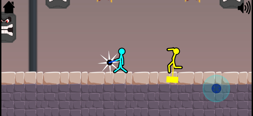 Supreme Duelist 2019 - A cyan stickman and a yellow stickman engage in a physics based duel in a minimalist arena