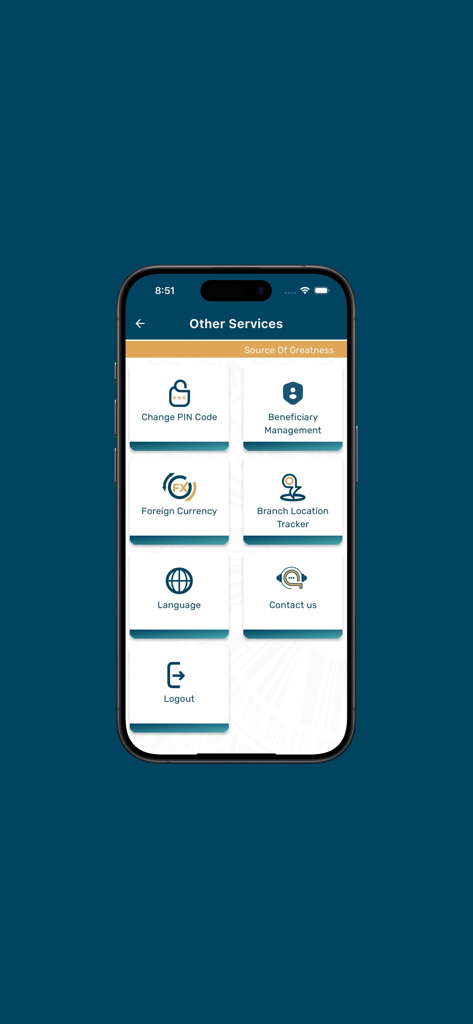 Abay Bank - Menú de la aplicación móvil Abay Bank que muestra servicios adicionales como el rastreador de ubicación de sucursales de divisas y la gestión de beneficiarios