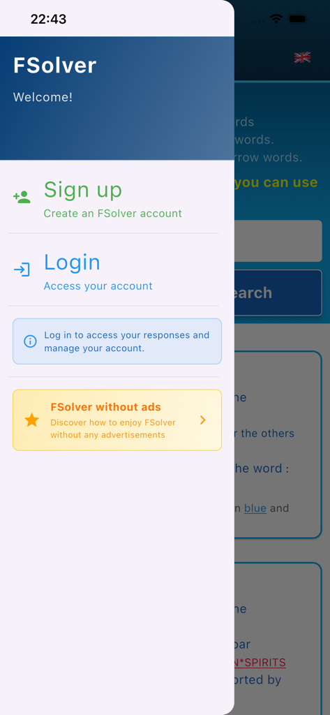 Barre latérale de l'application FSolver avec les options de connexion et de suppression des publicités.