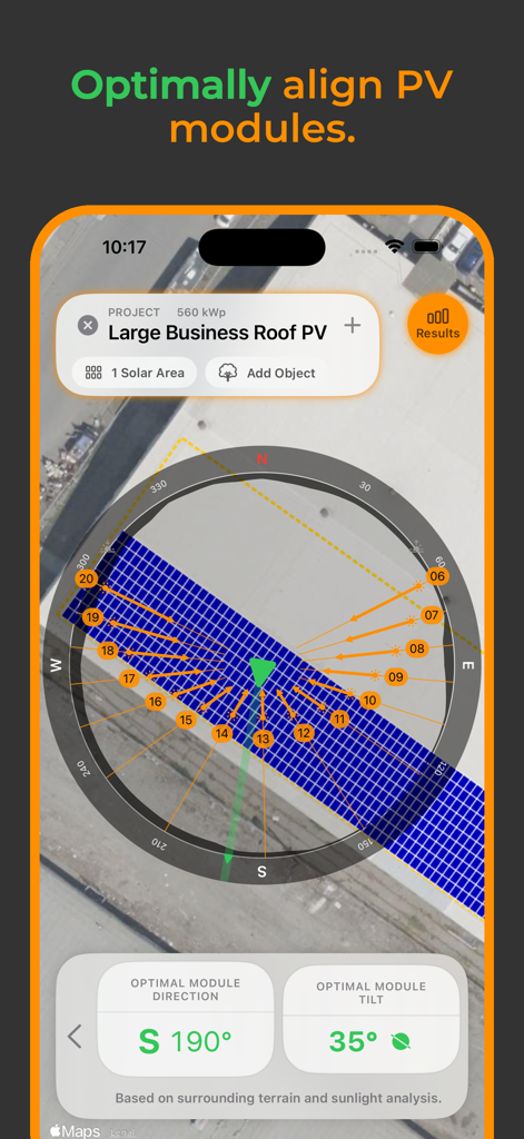 Interface do aplicativo móvel mostrando a direção e inclinação ideais do módulo solar para um projeto de telhado