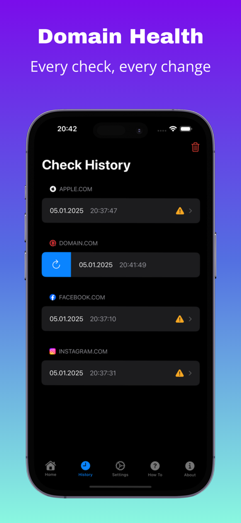 Captura de tela da tela de histórico de verificações no aplicativo Saúde do Domínio exibindo auditorias de DNS recentes para vários domínios em um iPhone.