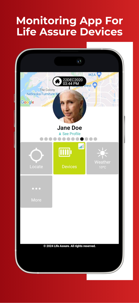 Premium Portal by Life Assure - Life Assure app dashboard displaying senior location tracking and device battery status