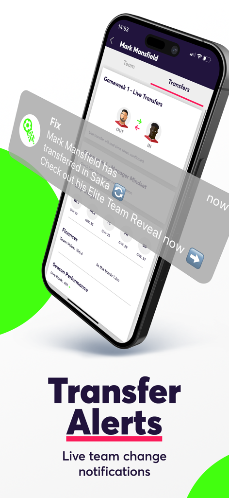 Fantasy Football Fix for FPL - Smartphone displaying the Fantasy Football Fix app with live transfer alerts and team change notifications.