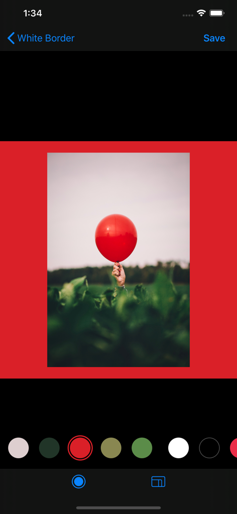 White Border - White Border app interface showing a photo with a red border and color picker options