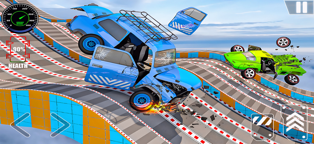 Car crash Destruction Derby 3d - Blue and green cars crashing into pieces on a ramp in a demolition derby simulation