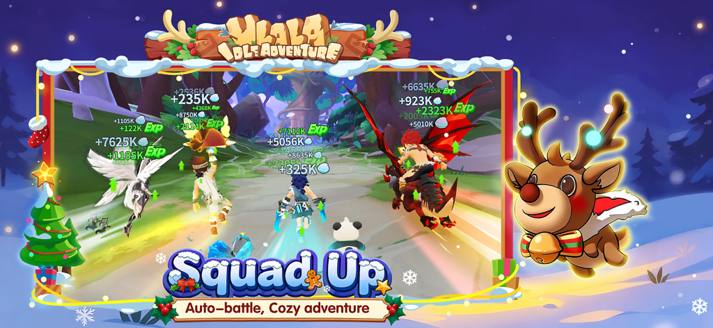 Ulala: Idle Adventure - Four players teaming up for a cozy winter auto-battle in Ulala Idle Adventure