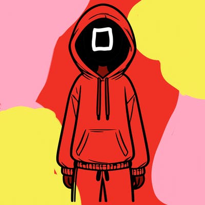 faceless girl in a tracksuit with a hood on and no hair